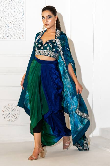 Akanksha Mago_Blue Crepe, Satin Zari, Embroidery Sweetheart Abstract Print Cape And Skirt Set _Online_at_Aza_Fashions