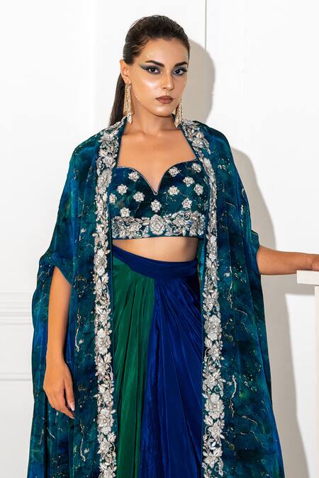 Buy_Akanksha Mago_Blue Crepe, Satin Zari, Embroidery Sweetheart Abstract Print Cape And Skirt Set _Online_at_Aza_Fashions
