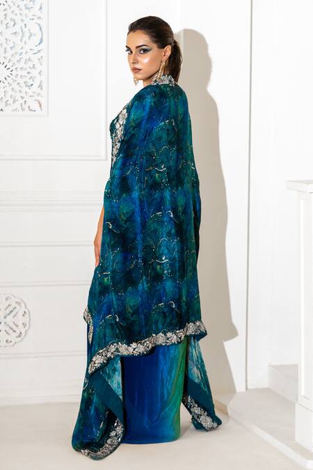 Shop_Akanksha Mago_Blue Crepe, Satin Zari, Embroidery Sweetheart Abstract Print Cape And Skirt Set _Online_at_Aza_Fashions