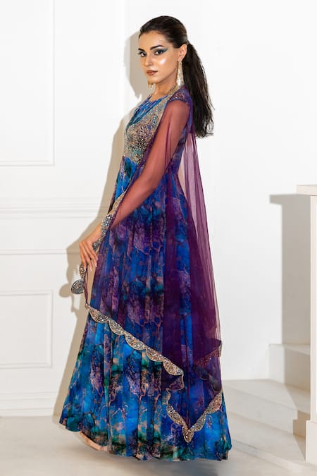 Akanksha Mago_Blue Georgette, Net Sequins, Cut Work, Abstract Print Anarkali With Dupatta _Online_at_Aza_Fashions