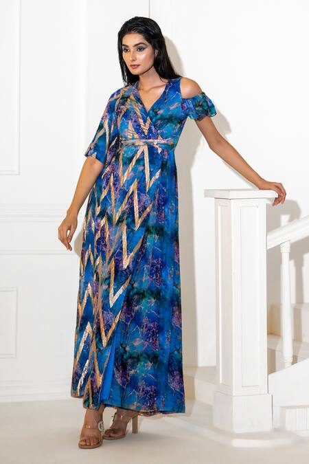Akanksha Mago Blue Georgette Embroidery, Zari V-neck Abstract Print Maxi Dress Online at Aza Fashions Akanksha Mago_Blue Georgette Embroidery, Zari V-neck Abstract Print Maxi Dress _Online_at_Aza_Fashions