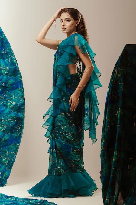 Akanksha Mago Abstract Print Pre-Draped Saree With Blouse 