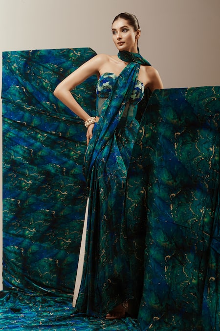 Akanksha Mago Abstract Print Pre-Draped Saree With Corset 