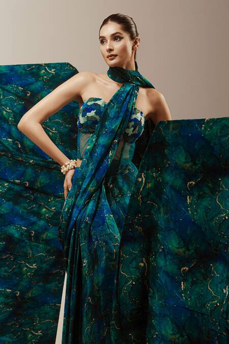 Akanksha Mago_Blue Georgette, Net Beads Sweetheart Abstract Print Pre-draped Saree With Corset _Online_at_Aza_Fashions