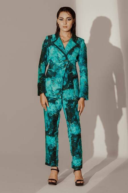 Buy_Akanksha Mago_Blue Crepe Abstract Print Blazer With Pant _Online_at_Aza_Fashions