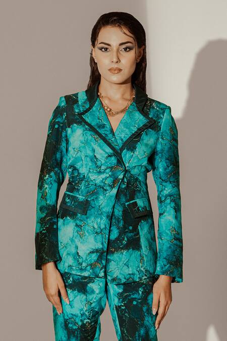 Shop_Akanksha Mago_Blue Crepe Abstract Print Blazer With Pant _Online_at_Aza_Fashions