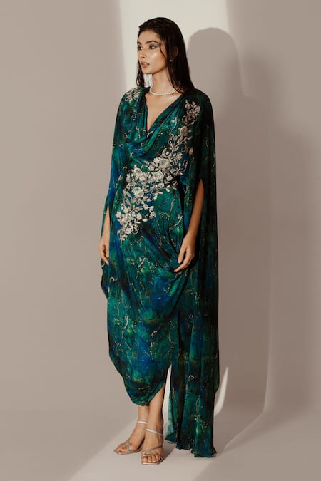 Akanksha Mago Blue Crepe Zari, Embroidery Cowl Neck Rose Vine Draped Kaftan Online at Aza Fashions Akanksha Mago_Blue Crepe Zari, Embroidery Cowl Neck Rose Vine Draped Kaftan _Online_at_Aza_Fashions