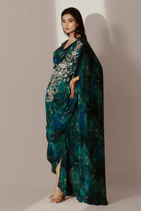 Buy Akanksha Mago Blue Crepe Zari, Embroidery Cowl Neck Rose Vine Draped Kaftan Online at Aza Fashions Buy_Akanksha Mago_Blue Crepe Zari, Embroidery Cowl Neck Rose Vine Draped Kaftan _Online_at_Aza_Fashions