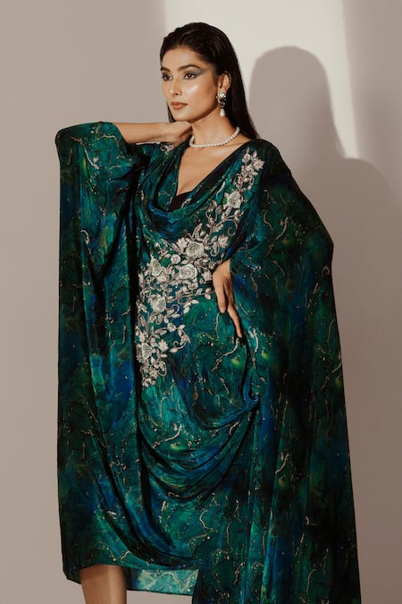Akanksha Mago Blue Crepe Zari, Embroidery Cowl Neck Rose Vine Draped Kaftan at Aza Fashions Akanksha Mago_Blue Crepe Zari, Embroidery Cowl Neck Rose Vine Draped Kaftan _at_Aza_Fashions