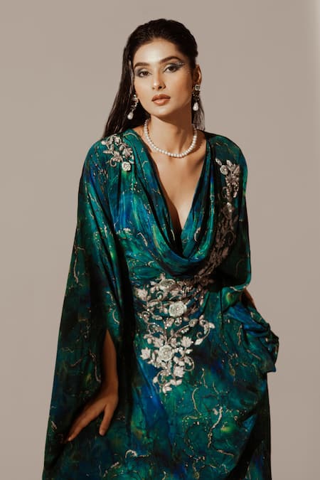 Buy Akanksha Mago Blue Crepe Zari, Embroidery Cowl Neck Rose Vine Draped Kaftan Buy_Akanksha Mago_Blue Crepe Zari, Embroidery Cowl Neck Rose Vine Draped Kaftan