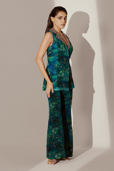 Akanksha Mago_Blue Crepe Embroidery Abstract Print Long Blazer With Pant _Online_at_Aza_Fashions