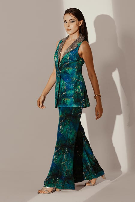 Shop_Akanksha Mago_Blue Crepe Embroidery Abstract Print Long Blazer With Pant _Online_at_Aza_Fashions