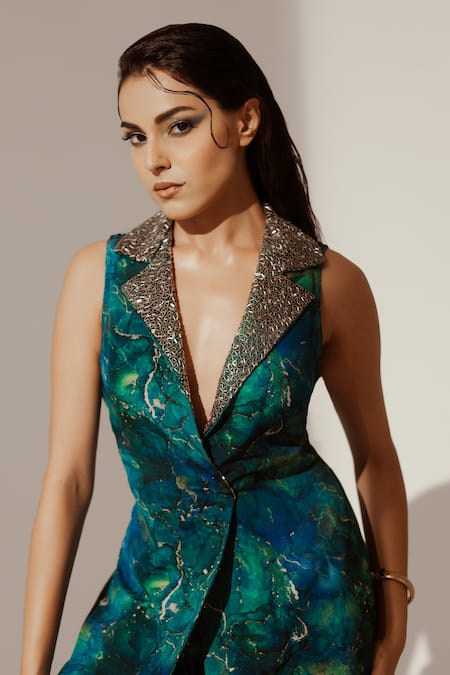 Buy_Akanksha Mago_Blue Crepe Embroidery Abstract Print Long Blazer With Pant 