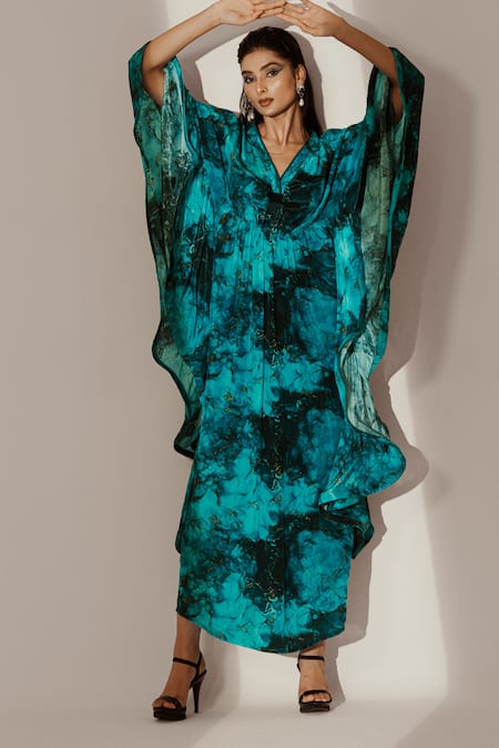 Akanksha Mago_Blue Crepe V-neck Abstract Print Ruffled Kaftan _Online_at_Aza_Fashions
