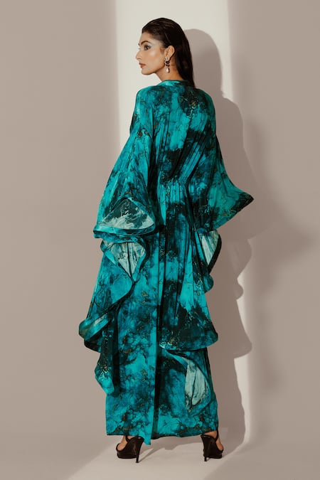 Buy_Akanksha Mago_Blue Crepe V-neck Abstract Print Ruffled Kaftan _Online_at_Aza_Fashions