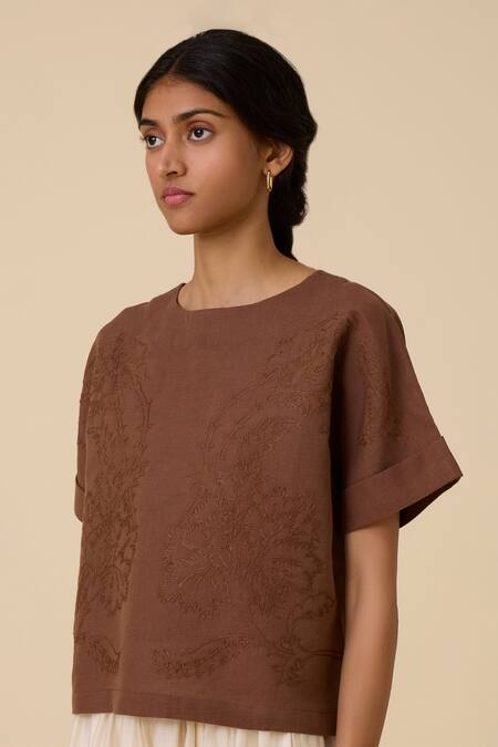 The Summer House_Brown Linen, Cotton Embroidery Boat Neck Affan Boxy Top_Online_at_Aza_Fashions