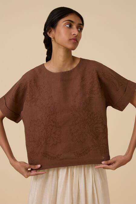 Shop_The Summer House_Brown Linen, Cotton Embroidery Boat Neck Affan Boxy Top_Online_at_Aza_Fashions