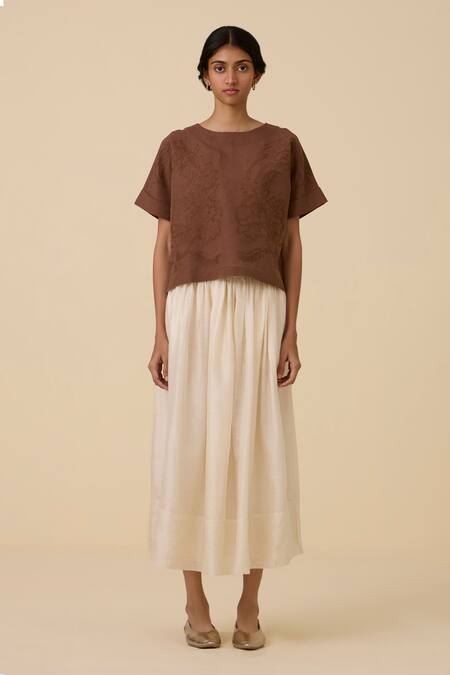 The Summer House_Brown Linen, Cotton Embroidery Boat Neck Affan Boxy Top_at_Aza_Fashions