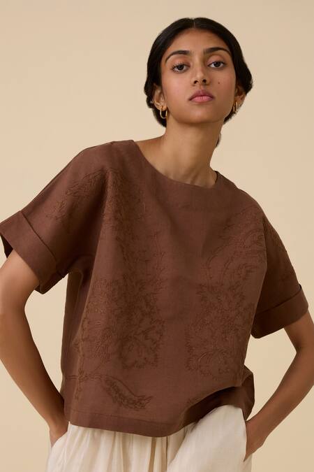 Buy_The Summer House_Brown Linen, Cotton Embroidery Boat Neck Affan Boxy Top
