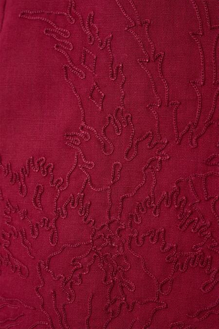 The Summer House_Red Linen, Cotton Embroidery Boat Neck Affan Front Top_Online_at_Aza_Fashions