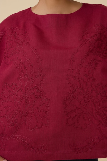 Buy_The Summer House_Red Linen, Cotton Embroidery Boat Neck Affan Front Top_Online_at_Aza_Fashions