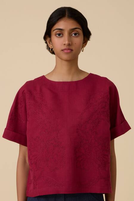 Shop_The Summer House_Red Linen, Cotton Embroidery Boat Neck Affan Front Top_Online_at_Aza_Fashions