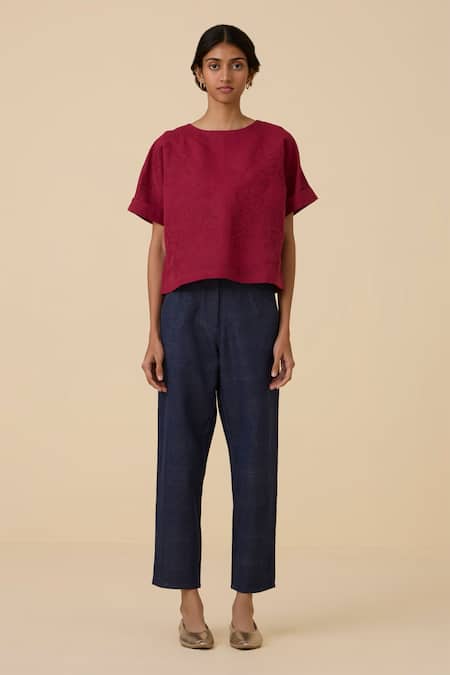 The Summer House_Red Linen, Cotton Embroidery Boat Neck Affan Front Top_at_Aza_Fashions