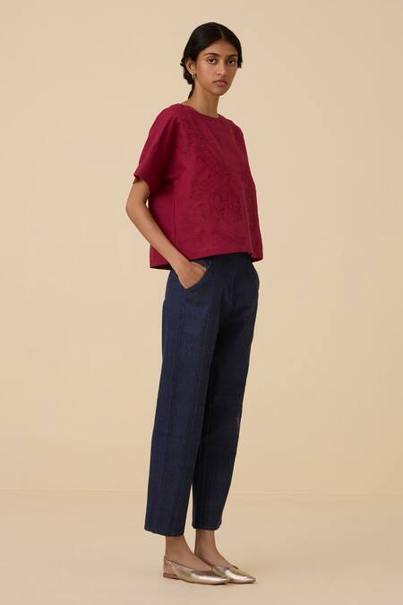 Buy_The Summer House_Red Linen, Cotton Embroidery Boat Neck Affan Front Top