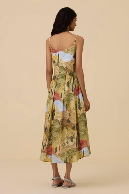 Shop_The Summer House_Yellow Organic Cotton Voile Printed Scenic Round Ai Midi Dress _at_Aza_Fashions