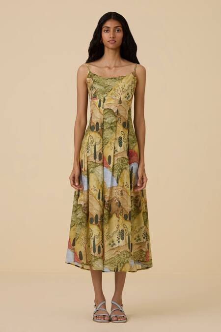 The Summer House_Yellow Organic Cotton Voile Printed Scenic Round Ai Midi Dress _Online_at_Aza_Fashions