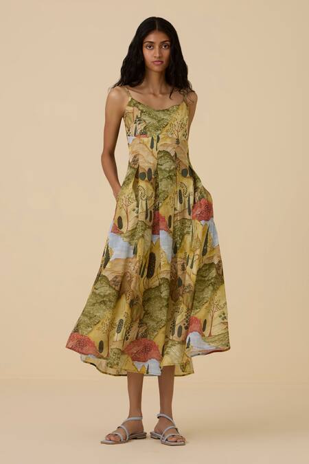 Buy_The Summer House_Yellow Organic Cotton Voile Printed Scenic Round Ai Midi Dress _Online_at_Aza_Fashions