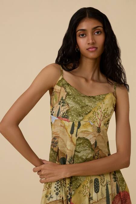 The Summer House_Yellow Organic Cotton Voile Printed Scenic Round Ai Midi Dress _at_Aza_Fashions