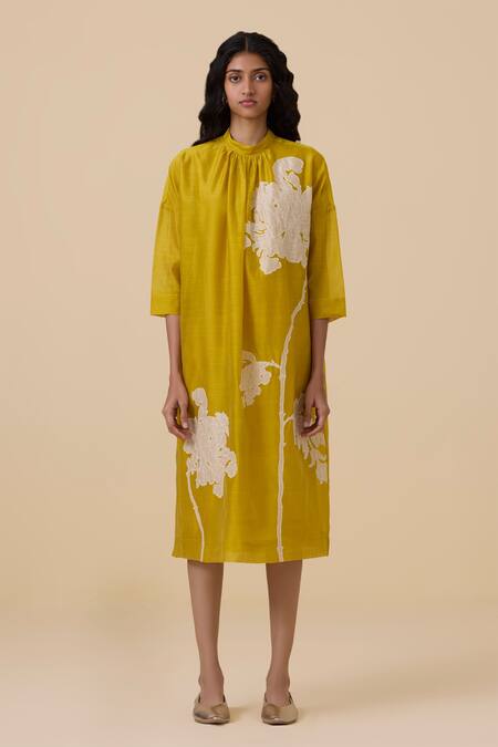 The Summer House_Yellow Handwoven Chanderi Applique High Aira Embroidered Midi Dress _Online_at_Aza_Fashions