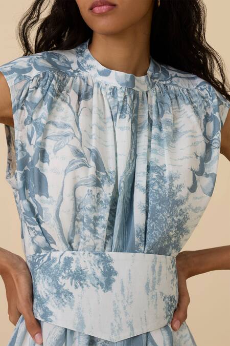 The Summer House_Blue Cotton, Voile High Neck Barika Printed Midi Dress_Online_at_Aza_Fashions