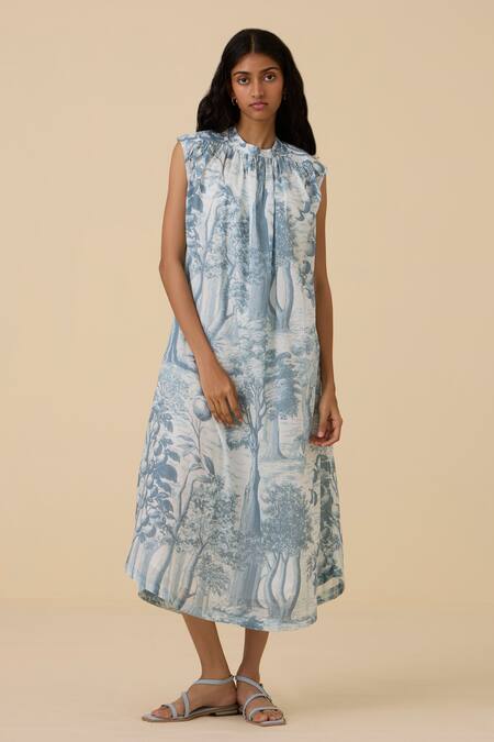Buy_The Summer House_Blue Cotton, Voile High Neck Barika Printed Midi Dress_Online_at_Aza_Fashions