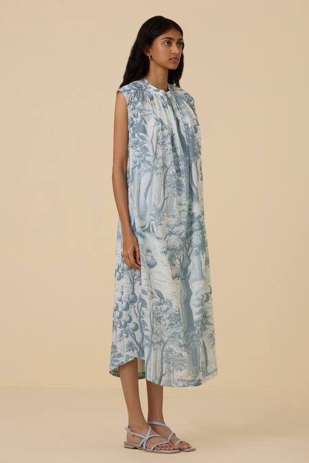 Shop_The Summer House_Blue Cotton, Voile High Neck Barika Printed Midi Dress_Online_at_Aza_Fashions