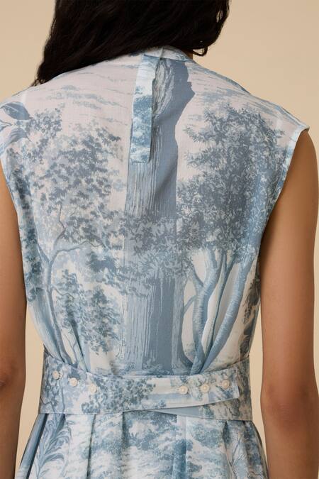 The Summer House_Blue Cotton, Voile High Neck Barika Printed Midi Dress_at_Aza_Fashions