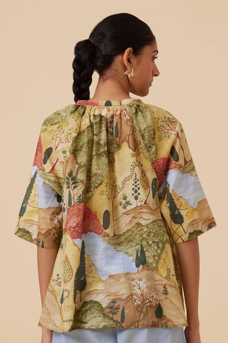 Shop The Summer House Yellow Cotton, Voile Split V-neck Bheer Printed Top at Aza Fashions Shop_The Summer House_Yellow Cotton, Voile Split V-neck Bheer Printed Top_at_Aza_Fashions