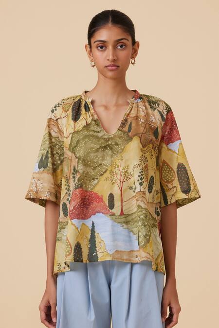 The Summer House Yellow Cotton, Voile Split V-neck Bheer Printed Top Online at Aza Fashions The Summer House_Yellow Cotton, Voile Split V-neck Bheer Printed Top_Online_at_Aza_Fashions