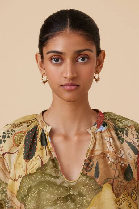 Buy The Summer House Yellow Cotton, Voile Split V-neck Bheer Printed Top Online at Aza Fashions Buy_The Summer House_Yellow Cotton, Voile Split V-neck Bheer Printed Top_Online_at_Aza_Fashions