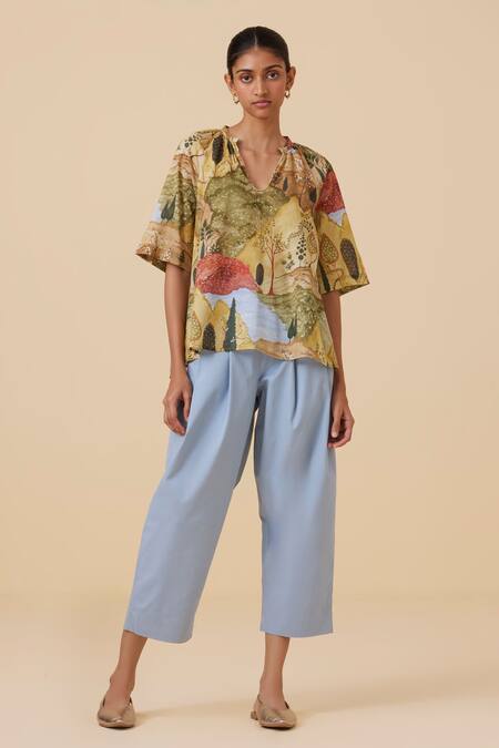 The Summer House Yellow Cotton, Voile Split V-neck Bheer Printed Top at Aza Fashions The Summer House_Yellow Cotton, Voile Split V-neck Bheer Printed Top_at_Aza_Fashions