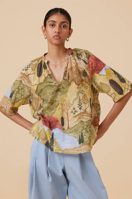 Buy The Summer House Yellow Cotton, Voile Split V-neck Bheer Printed Top Buy_The Summer House_Yellow Cotton, Voile Split V-neck Bheer Printed Top