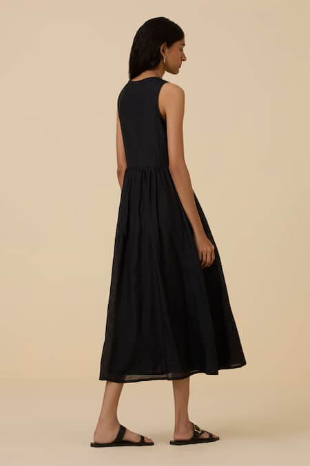 Shop The Summer House Black Cotton, Silk Round Neck Hafa Ruched Dress at Aza Fashions Shop_The Summer House_Black Cotton, Silk Round Neck Hafa Ruched Dress _at_Aza_Fashions