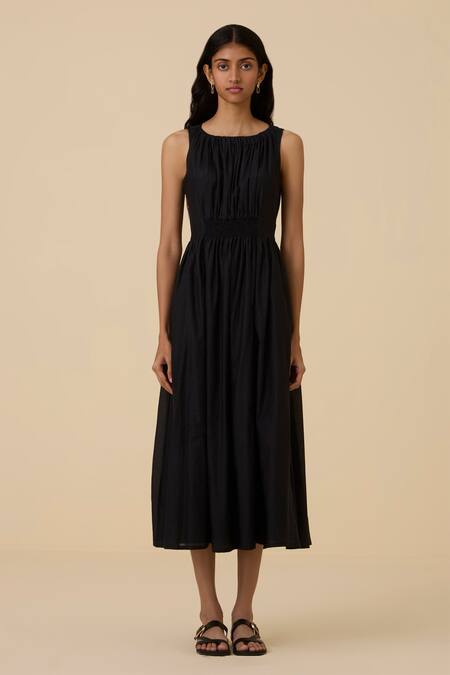 The Summer House Black Cotton, Silk Round Neck Hafa Ruched Dress Online at Aza Fashions The Summer House_Black Cotton, Silk Round Neck Hafa Ruched Dress _Online_at_Aza_Fashions