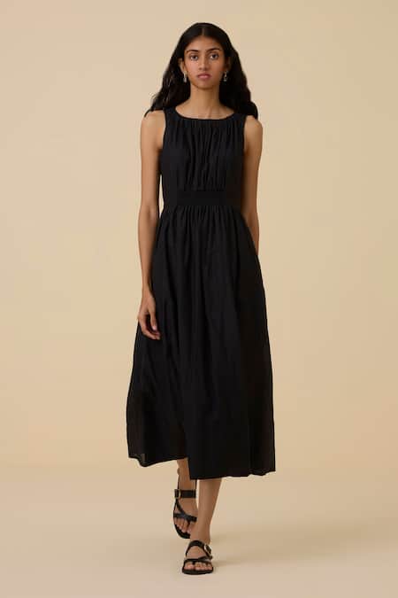 Buy The Summer House Black Cotton, Silk Round Neck Hafa Ruched Dress Online at Aza Fashions Buy_The Summer House_Black Cotton, Silk Round Neck Hafa Ruched Dress _Online_at_Aza_Fashions