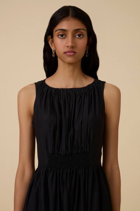 Shop The Summer House Black Cotton, Silk Round Neck Hafa Ruched Dress Online at Aza Fashions Shop_The Summer House_Black Cotton, Silk Round Neck Hafa Ruched Dress _Online_at_Aza_Fashions