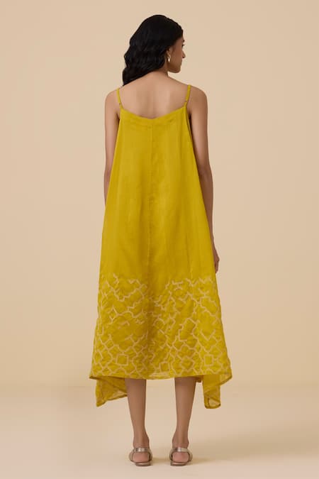 Shop The Summer House Yellow Chanderi Embroidery V-neck Inaya Hand Woven Asymmetric Dress at Aza Fashions Shop_The Summer House_Yellow Chanderi Embroidery V-neck Inaya Hand Woven Asymmetric Dress _at_Aza_Fashions