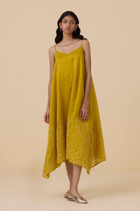 Buy The Summer House Yellow Chanderi Embroidery V-neck Inaya Hand Woven Asymmetric Dress Online at Aza Fashions Buy_The Summer House_Yellow Chanderi Embroidery V-neck Inaya Hand Woven Asymmetric Dress _Online_at_Aza_Fashions