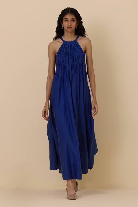 The Summer House_Blue Cotton, Silk Halter Neck Iram Ruched Midi Dress_Online_at_Aza_Fashions