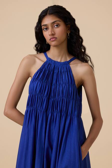 Buy_The Summer House_Blue Cotton, Silk Halter Neck Iram Ruched Midi Dress_Online_at_Aza_Fashions